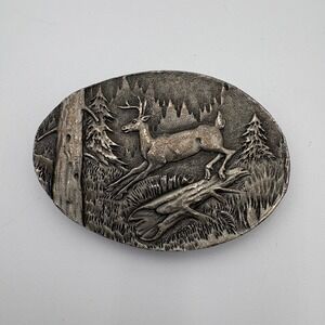 Vintage Indiana Metal Craft Belt Buckle Deer Forest Scene 1980 G297